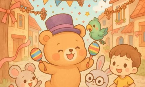 Boris l'ours en peluche caramel au chapeau violet danse en agitant des maracas tandis que Mina la souris en robe à pois agite un ruban, Léo le lapin à lunettes frappe un tambour en carton, Titi le perroquet est perché sur l'épaule de Boris, un petit garçon sourit en tenant le ruban retrouvé devant un chêne sur une rue de village pavée décorée de papier, rubans et lampions, et tous forment un cercle pour, au compte 