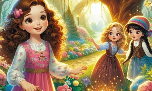 Dans un jardin enchanté, trois filles de douze ans se tiennent au centre. Lily, avec des cheveux châtains bouclés et un sourire éclatant, porte une robe rose à fleurs et tient un panier d'œufs en chocolat. Zoé, aux cheveux blonds tressés et en blouse bleue, admire une rose scintillante. Camille, avec des cheveux noirs et une casquette colorée, observe un lapin blanc en gilet rayé près d'un arbre majestueux. Le jardin est rempli de fleurs multicolores, de grands arbres et de papillons, baigné dans une douce lumière dorée. Les filles découvrent une fleur magique qui brille, tout en préparant une chasse aux œufs de Pâques, entourées de rires et de joie.
