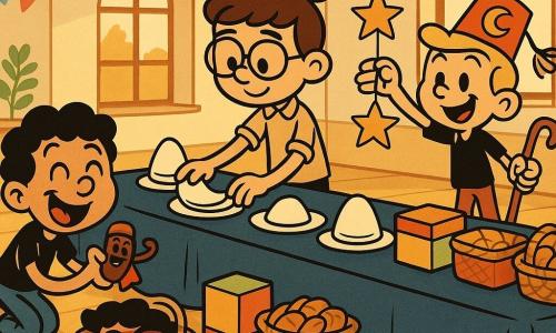 Trois garçons décorent une grande salle communautaire chaleureuse pour le Ramadan : Sami (≈9 ans, cheveux bruns courts, lunettes) au centre aligne des assiettes blanches et plie des serviettes en forme de demi-lune ; Yanis (≈8 ans, cheveux bouclés noirs) à gauche, accroupi près d’un panier de dattes déguisées, tient une datte avec une petite cape rouge en faisant une grimace ; Léo (≈9 ans, cheveux blonds en brosse) à droite suspend des étoiles en papier doré au-dessus d’une longue table en bois couverte d’une nappe bleu nuit, entourés de boîtes décorées, paniers de nourriture et guirlandes colorées, ambiance conviviale et joyeuse, style cartoon rétro aux couleurs chaudes.