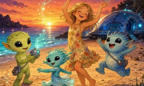 Fille de 10 ans joyeuse et émerveillée, cheveux blonds mi-longs et taches de rousseur, robe d'été à fleurs, pieds nus dans le sable, dansant bras levés ; trois enfants extraterrestres l'entourent — Zog, peau vert pâle, grands yeux noirs, tenant un appareil argenté émettant ondes bleu-vert ; Tula, plus petite, peau nacrée aux reflets turquoise, souriante en pirouette ; Borl, rond et agile, peau tachetée bleu clair, sautant de joie — sur une plage au crépuscule avec sable doré et coquillages, mer calme aux reflets bleu-vert phosphorescents, petit vaisseau spatial métallique bleu posé sur le rivage émettant une lueur douce, atmosphère chaleureuse, mouvements rythmés et traits nets.