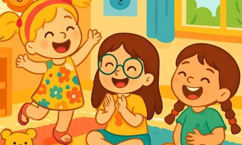 Il y a trois personnages : Zoé, une fille de 6 ans avec de longs cheveux bruns et des lunettes rondes, portant un t-shirt jaune avec un chat et un short bleu, assise au centre en train de taper dans ses mains avec un grand sourire. Lila, une fille de 5 ans avec des cheveux blonds en couettes et un bandeau rose, vêtue d'une robe à fleurs colorées et de sandales, saute joyeusement à gauche. Mila, une fille de 6 ans avec des cheveux châtains et des tresses, porte un t-shirt vert et un pantalon à pois, assise à droite en riant fort. La scène se déroule dans une salle de jeux lumineuse avec un tapis coloré, des jouets éparpillés et des posters de dessins animés. Les trois copines s'amusent ensemble, prêtes à jouer à un jeu de rigolade en imitant des animaux, créant une atmosphère de bonheur et de complicité.