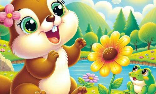 Une petite marmotte nommée Mia, avec un pelage brun et des yeux curieux, danse joyeusement autour d'une fleur aux pétales dorés, souriante et enthousiaste. À proximité, une grenouille verte nommée Gigi, assise sur une feuille, admire Mia, ses yeux brillants de joie. La scène se déroule dans une vallée verdoyante avec des collines, des arbres fleuris et un ruisseau scintillant au soleil. Mia célèbre sa découverte de la fleur de l’amitié, entourée de ses amis animaux, partageant un moment de bonheur.