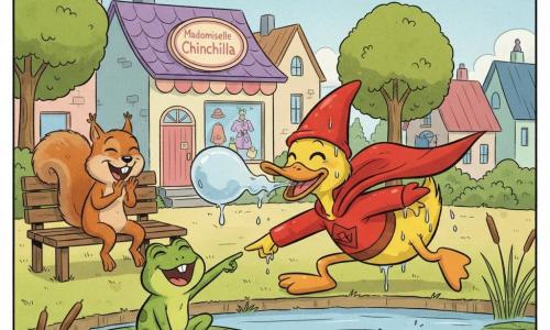 Dédé, un canard joyeux mais embêté, tout mouillé dans un costume rouge de super-héros trop grand avec cape et chapeau, souffle des bulles d'eau en prenant une pose ridicule ; Fanny, une petite grenouille verte, assise sur un nénuphar, le pointe en riant ; Simon, un écureuil roux malicieux, est sur un banc en bois, applaudit en se tenant le ventre de rire ; un petit poisson argenté jaillit, surpris mais amusé ; la mare, calme, avec nénuphars, reflets bleus et verts, roseaux et éclaboussures, sous un ciel bleu parsemé de nuages ; en arrière-plan, une boutique de costumes pastel « Mademoiselle Chinchilla », un banc, des maisons colorées et des arbres ronds ; scène principale : Dédé, trempé et comique, essaie d'impressionner ses amis en super-héros et provoque des éclaboussures tandis qu'ils rient bienveillamment ; style : traits doux, couleurs chaudes, contours simples et expressions exagérées lisibles pour les tout-petits.