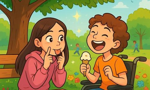 Il y a deux personnages principaux : Lina, une fille de 12 ans avec de longs cheveux bruns et des yeux pétillants, portant une capuche rose et un jean bleu, assise sur un banc en bois sous un marronnier, souriant en observant des fourmis ; et Zoé, également âgée de 12 ans, avec des cheveux courts et bouclés châtain, dans un fauteuil roulant décoré d'autocollants, tenant une glace et riant joyeusement, inclinée vers Lina. L'histoire se déroule dans un parc ensoleillé, avec un grand marronnier, des fleurs multicolores et une ambiance paisible. Lina et Zoé jouent à un concours de grimaces silencieuses, Lina faisant une grimace amusante et Zoé imitant une girafe qui éternue, entourées de lumières scintillantes, créant un moment magique de complicité.