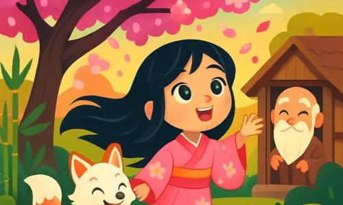 Hana, une jeune femme souriante aux grands yeux noirs, se tient sous un cerisier en fleurs, vêtue d'un kimono rose. Ses cheveux noirs flottent dans le vent alors qu'elle admire les pétales tombant autour d'elle. À ses côtés, Yuki, un petit renard blanc aux yeux malicieux, s'amuse sur une pierre. Un vieux sage, maître Botan, observe la scène avec bienveillance depuis sa chaumière. Le jardin enchanteur, baigné par la lumière dorée du soleil couchant, crée une atmosphère magique. Hana se prépare à écouter les histoires de Botan, entourée de pétales dansants.