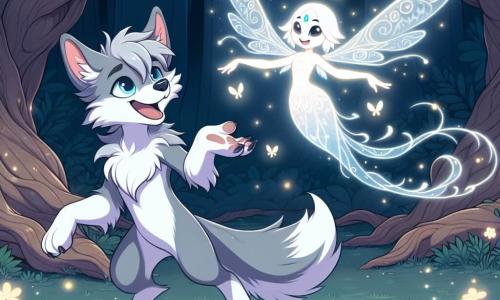 Dans une clairière enchantée de la Forêt Sombre, un petit loup nommé Léo, au pelage gris argenté et aux yeux brillants, chante joyeusement avec un esprit éthéré aux ailes translucides scintillantes. Léo, souriant et déterminé, danse légèrement. L'esprit, une créature délicate aux formes fluides et couleurs pastel, guide Léo dans leur chant, entourés de lucioles scintillantes. La clairière, baignée de lumière lunaire, est entourée d'arbres noueux qui semblent écouter. Des fleurs luminescentes créent un tapis coloré. Léo et l'esprit libèrent une mélodie vibrante, transformant l'atmosphère en un lieu de magie et de lumière.