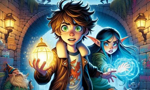 Léo, un garçon de 12 ans aux cheveux bruns en désordre et aux yeux verts pétillants, se tient au centre de l'image avec une veste en cuir et un t-shirt à motif de dragon, tenant une lampe magique qui éclaire son visage déterminé. À ses côtés, Nia, une elfe de 11 ans aux cheveux bleu éclatant et aux oreilles pointues, crée un champ de force avec une expression concentrée. Le décor est un vieux pont en pierre sous la pleine lune, entouré de créatures fantastiques et d'ombres menaçantes. Des graffitis colorés ajoutent une touche urbaine à l'atmosphère magique. Léo et Nia font face à des ombres sombres, prêts à défendre un cristal lumineux au centre de la scène, symbole de leur lutte pour protéger l'équilibre entre les mondes.