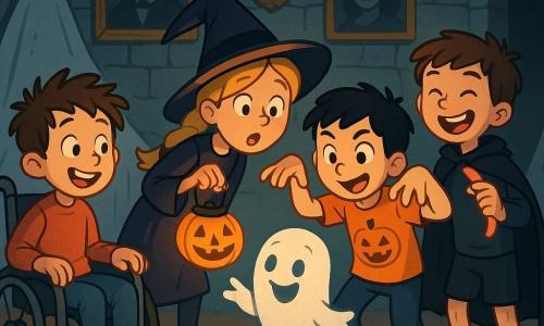 Quatre enfants se trouvent dans une vieille maison hantée : Maxence, 10 ans, est en fauteuil roulant, avec des cheveux bruns en bataille et un grand sourire. Clara, 9 ans, a de longs cheveux blonds tressés et porte un costume de sorcière. Lucas, 9 ans, a des cheveux noirs et un t-shirt orange avec une citrouille. Tom, 10 ans, a des cheveux châtains et une cape noire. La scène se déroule dans une maison abandonnée avec des murs en pierre, des toiles d'araignées et des meubles couverts de draps blancs. Une lanterne en forme de citrouille éclaire la pièce. Les enfants jouent avec Gustave, un petit fantôme mignon, créant une atmosphère joyeuse et mystérieuse.