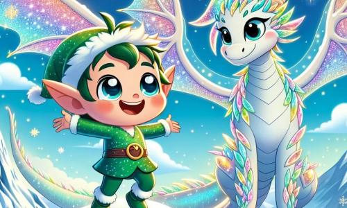 Un petit lutin nommé Piko, aux grandes oreilles pointues et aux yeux pétillants, porte une tunique verte brillante et danse joyeusement au sommet d'une montagne enneigée, entouré de cristaux de glace scintillants. À ses côtés, un dragon majestueux nommé Zéphyr, aux écailles irisées, déploie ses grandes ailes et observe Piko avec fierté. Ils célèbrent leur amitié après avoir retrouvé la lumière magique perdue dans la grotte des Ombres, créant une atmosphère féerique et chaleureuse.