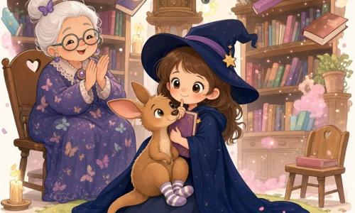 Zoé, apprentie sorcière d'environ 5 ans au visage rond et souriant, yeux grands et brillants, cape bleu nuit trop grande, chuchotant une formule en serrant un petit grimoire violet contre sa poitrine, posture douce et concentrée ; Mémé‑Papillon, vieille sorcière joyeuse d'environ 70 ans, chignon blanc, lunettes rondes, robe à motifs papillon, applaudissant doucement assise à gauche sur une chaise en bois ; un mini kangourou marron clair en chaussettes rayées, aux yeux malicieux, posé sur les genoux de Zoé ; bibliothèque à étagères hautes en bois avec livres colorés flottants, tapis rond pistache, horloge ancienne avec une luciole clignotante et lumière chaude de bougies ; Zoé calme la bibliothèque après une farce, les livres et chaises se rangent doucement autour d'eux dans une atmosphère apaisée et magique ; style pastel aux contrastes doux, traits arrondis et détails mignons (confettis, petit nuage de poussière rose), composition centrée sur Zoé et le kangourou.