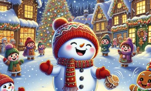 Flocon, un bonhomme de neige souriant avec un chapeau et une écharpe rouge, danse joyeusement au centre d'une place de village enneigée, entouré de flocons de neige scintillants. À ses côtés, Lila, une boule de neige avec un sourire éclatant, applaudit avec enthousiasme. Max, un bonhomme de pain d'épices malicieux, tient une crêpe et rit en regardant Flocon. La place est décorée de guirlandes lumineuses et d'un grand sapin de Noël, avec des maisons en bois recouvertes de neige et des enfants jouant en arrière-plan. La scène illustre Flocon et ses amis célébrant leur festival d'hiver dans une ambiance festive et chaleureuse, pleine de magie hivernale.