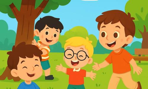 Quatre enfants jouent au parc : Lucas, un garçon de quatre ans aux cheveux bruns et aux yeux pétillants, est assis sur l'herbe en souriant. Ethan, avec des cheveux blonds et des lunettes, se tient debout en riant. Hugo, aux cheveux noirs et aux taches de rousseur, est accroupi derrière un arbre. Tom, avec des cheveux châtains et un grand sourire, cherche ses amis près d'un banc. Le parc est verdoyant, rempli d'arbres majestueux et de fleurs colorées, sous un ciel bleu parsemé de nuages. Les rires et les sourires des enfants créent une atmosphère joyeuse.