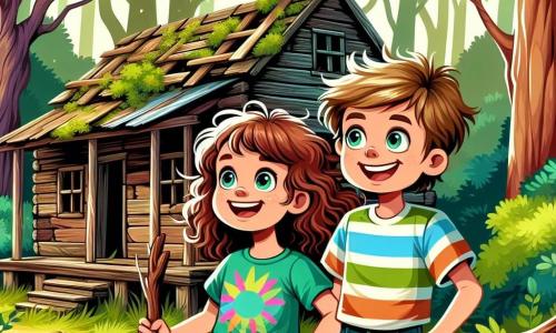 Clara, une fille de 10 ans aux cheveux châtains et bouclés, porte un t-shirt coloré et un short en jean. Elle sourit, les yeux brillants d'excitation, devant une vieille cabane en bois entourée d'arbres. À ses côtés, Tom, un garçon de 10 ans aux cheveux blonds en bataille et un t-shirt à rayures, rit en tenant une branche qu'il veut transformer en outil pour leur fort. La scène se déroule dans une clairière ensoleillée, où la lumière filtre à travers les feuilles, créant des ombres dansantes. La cabane, avec ses planches usées et fenêtres cassées, semble pleine de mystères. Clara et Tom, enthousiastes, planifient de transformer cette cabane abandonnée en leur « Maison de l'Espoir », un lieu pour partager leurs rêves et aventures.