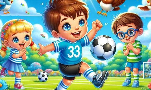 Léo, un garçon de 10 ans aux cheveux châtains et aux yeux pétillants, porte un maillot de football bleu et des shorts noirs. Il frappe un ballon avec un grand sourire, exprimant son enthousiasme pour le jeu. À ses côtés, une fille de 9 ans avec des cheveux blonds en tresses applaudit et un garçon de 8 ans avec des lunettes se prépare à attraper le ballon. La scène se déroule sur un terrain de football verdoyant, sous un ciel bleu ensoleillé avec des nuages blancs et des oiseaux. Léo montre aux autres enfants comment jouer au football, partageant les joies du sport et de l'amitié.