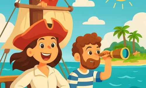 La Capitaine Léa, pirate audacieuse de 25 ans, se tient sur le pont de son navire, le Chant des Flots, vêtue d'un tricorne rouge et d'une chemise blanche, son sourire rayonnant de joie et de détermination. À ses côtés, Sam le marin, 20 ans, aux cheveux bouclés, scrute l'horizon avec une longue vue en or, tandis que Zoé la vigie, 18 ans, perchée en haut du mât, pointe l'île au loin, son visage illuminé d'excitation. Le vaste océan turquoise scintille sous un ciel bleu parsemé de nuages, avec une île verdoyante en arrière-plan. Léa et son équipage naviguent avec enthousiasme vers l'île mystérieuse, prêts à découvrir le trésor de la Berceuse des Vagues, sous un soleil éclatant.
