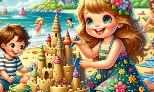 Margaux, une fille de 8 ans aux longs cheveux blonds et aux yeux pétillants, sourit en construisant un grand château de sable sur la plage. Elle porte une robe à fleurs colorées et est entourée de seaux et de pelles. À ses côtés, Lucas, son cousin de 7 ans avec des cheveux bruns en bataille et un t-shirt rayé, l'aide avec une petite pelle. Un peu plus loin, leur maman, une femme d'une trentaine d'années avec des cheveux châtains et un chapeau de paille, les observe en souriant, assise sur une serviette de plage avec un livre. Le décor est une plage ensoleillée avec des vagues douces, des parasols colorés et des coquillages. Margaux et Lucas rient ensemble en ajoutant des drapeaux en papier sur les tours du château, illustrant la joie d'un été inoubliable.