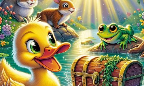 Ducky, un canard jaune aux yeux curieux, nage dans un étang scintillant et découvre un vieux coffre en bois recouvert d'algues. À ses côtés, Bella, une grenouille verte, saute sur une pierre, tandis que Léon, un lapin brun, observe depuis le bord de l'étang. L'endroit est entouré de fleurs colorées et d'arbres feuillus, avec des rayons de soleil créant une ambiance magique. Ducky, émerveillé, examine le coffre mystérieux, encouragé par ses amis pleins d'excitation.