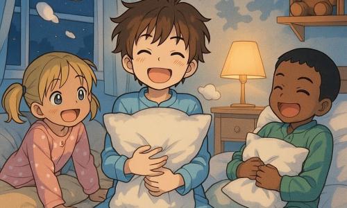 Trois enfants d'environ 9 ans dans une chambre nocturne accueillante : au centre un garçon aux cheveux bruns en bataille et pyjama bleu à petits nuages, assis sur le tapis crème et tenant un oreiller blanc moelleux comme un trésor ; à gauche une fille aux cheveux blonds en couettes en robe de nuit rose à pois, allongée sur un grand coussin en train de rire en regardant le garçon ; à droite un garçon aux cheveux noirs courts en pyjama vert, semi-allongé contre une pile d'oreillers, serrant un coussin, prêt à éclater de rire. La pièce a une lampe de chevet diffusant une lumière orange douce, une étagère avec une peluche ours brun et des livres colorés, murs bleu pâle projetant des ombres d'animaux via une guirlande d'étoiles ; ambiance cocooning et nocturne, textures douces et une bataille de coussins calme et joyeuse avec oreillers flottant lentement et rires étouffés.
