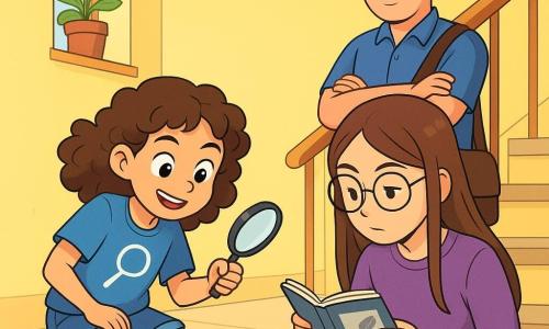 Zoé, une fille de 10 ans aux cheveux châtains bouclés, porte un t-shirt bleu avec un motif de loupe et un short en jean. Elle a des yeux pétillants de curiosité et un sourire malicieux, tenant une loupe en plastique dans sa main droite, agenouillée sur le palier d'un immeuble. À côté d'elle, Lila, une adolescente de 15 ans aux cheveux longs et raides, porte des lunettes rondes et un pull violet. Elle observe attentivement le carnet de notes de Zoé, penchée en avant avec un air concentré. En arrière-plan, M. Renaud, le facteur de 50 ans, sourit en les regardant, les bras croisés. Le palier est lumineux, avec des murs jaunes pâles, une rambarde en bois et des plantes vertes sur le rebord des fenêtres. Zoé examine une trace sombre sur le sol, tandis que Lila lui montre une photo dans son carnet, créant une atmosphère de mystère et de camaraderie.
