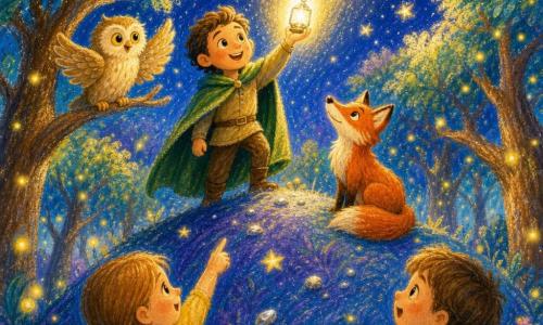 Léo, visage rond et souriant aux yeux noisette brillants d'espoir, porte une cape verte et lève une petite lampe de cristal qui projette un rayon formant un pont lumineux vers les étoiles ; à sa droite un renard roux aux poils brillants est assis, la queue enroulée, et à gauche une chouette beige aux grands yeux est perchée sur une branche, ailes légèrement ouvertes ; en bas de la colline deux enfants — une fillette aux cheveux tressés en robe jaune et un garçon aux cheveux bruns courts en pull bleu — regardent la lumière, émerveillés ; le sommet de la colline est herbeux aux tons bleus et violets avec petites pierres argentées, entouré d'une forêt aux troncs larges et feuilles scintillantes, des lucioles jaunes flottent, l'ambiance est douce en couleurs pastel chaudes, contours flous et textures rappelant le pastel gras.
