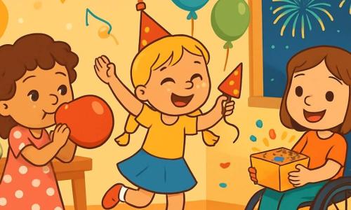 Il y a trois personnages : Julie, une fille de 6 ans avec des cheveux bruns bouclés, portant une robe rose à pois blancs, qui gonfle un ballon rouge à gauche de l'image avec un grand sourire ; Zoé, une fille de 6 ans avec des cheveux blonds tressés, habillée d'un t-shirt jaune et d'une jupe bleue, qui danse joyeusement au centre en tenant un chapeau pointu en carton ; et Emma, une fille de 6 ans avec des cheveux châtains lisses, assise dans un fauteuil roulant décoré de guirlandes dorées, souriant et tenant une boîte de cotillons à droite. Le lieu est un salon chaleureux, décoré de guirlandes scintillantes et de ballons colorés, avec des lumières clignotantes et une grande table remplie de gâteaux et de jus de fruits. À l'extérieur, des feux d'artifice éclatent dans le ciel étoilé. Les trois amies préparent la fête du Nouvel An, créant une atmosphère festive et magique.