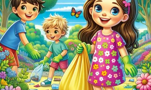 Lila, une petite fille de 4 ans aux longs cheveux bruns et aux yeux pétillants, sourit en tenant un grand sac en plastique jaune. Elle porte une robe rose à fleurs et des sandales colorées. À ses côtés, Hugo, un garçon de 5 ans aux cheveux blonds en bataille et en t-shirt bleu, ramasse des déchets avec un gant vert, riant joyeusement. Clara, une amie de 4 ans aux cheveux bouclés et en jupe violette, montre un vieux jouet trouvé, souriante. Le parc verdoyant, rempli de fleurs colorées et d’arbres majestueux sous un ciel bleu éclatant, est animé par des papillons. Les enfants nettoient le parc en ramassant bouteilles et papiers tout en s’amusant, montrant leur détermination à protéger la nature.
