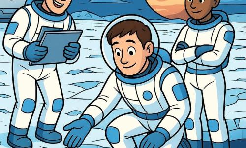 Hugo, ~35 ans, cheveux bruns courts, visage doux, regard émerveillé et sourire timide, agenouillé sur la glace en combinaison spatiale blanche aux détails bleus, tend une main gantée vers une cavité lumineuse; Max, ~34 ans, cheveux blonds en bataille, expression enthousiaste, se tient debout un peu à gauche derrière Hugo avec un carnet scientifique; la capitaine Léa, ~40 ans, coupe courte, regard rassurant et concentré, à droite bras croisés près du bord de la crevasse; une créature aquatique bioluminescente, corps translucide en goutte, lueurs bleu‑cyan et violet, yeux doux, flotte dans une eau noire sous la glace en émettant de petites vagues lumineuses; lieu : surface glacée d’Europe, vaste champ de glace blanche fracturée, fissures nettes, morceaux scintillants, ciel sombre avec la silhouette rayée de Jupiter à l’horizon et un hublot de vaisseau en arrière‑plan; scène de premier contact respectueux et émerveillé, lumière froide et reflets bleus, gestes lents, atmosphère calme et magique, composition claire pour enfants avec couleurs vives mais douces, lignes nettes et contours expressifs.