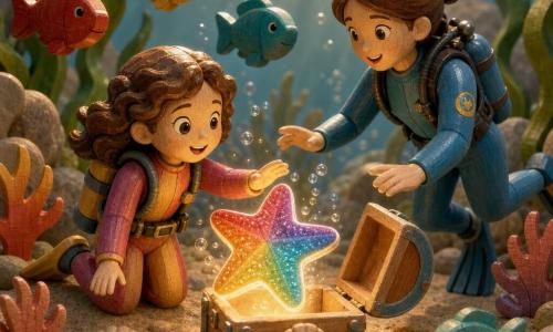 Fille de 4 ans, joyeuse, cheveux bruns bouclés, en combinaison de plongée colorée, tend la main vers une grande étoile de mer arc‑en‑ciel brillante qui apparaît d'une petite boîte en bois; sa mère d'environ 30 ans, cheveux attachés, en combinaison bleue, nage juste derrière prête à rassurer; des poissons en bois colorés tournent autour, sur un fond marin miniature (sable, rochers, algues, coquillages et coraux en bois) baigné de rayons dorés et de bulles.