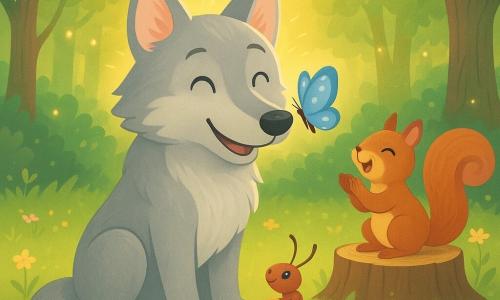 Un loup au pelage argenté et sourire bienveillant chante au centre d’une clairière pendant qu’une minuscule fourmi nommée Capucine, portant une grosse miette, grimpe sur sa patte avant, un écureuil roux sur une souche applaudit en riant, un papillon bleu posé sur le nez du loup; herbe tendre et fleurs pastel, arbres aux troncs noueux, rayons de soleil et lucioles, ambiance chaleureuse d’écoute partagée, couleurs saturées, contrastes doux, style vectoriel net à contours arrondis, composition centrée pour couverture ou double-page.