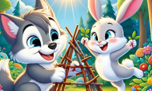 Un petit loup nommé Loulou, au pelage gris et aux yeux pétillants, construit un abri en branches dans une forêt ensoleillée. Il sourit en empilant des brindilles colorées. À ses côtés, une lapine nommée Riri, au pelage blanc et aux grandes oreilles roses, saute de joie avec des feuilles vertes. La scène se déroule dans une forêt vibrante, remplie de fleurs colorées sous un ciel bleu clair. Loulou et Riri, en riant et s'encourageant, symbolisent l'amitié et la coopération dans ce cadre magique.