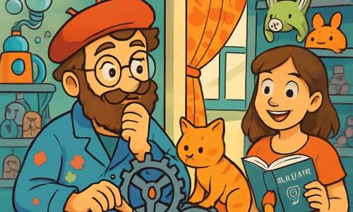 Un homme inventeur, Gustave, avec une barbe broussailleuse et des lunettes rondes, est plongé dans ses pensées, les yeux pétillants d'excitation. Il porte un béret rouge et une blouse de travail pleine de taches de peinture, tout en ajustant une roue à triple pignon sur un bureau encombré de gadgets. À ses côtés, Mathilde, une femme joyeuse d'environ 30 ans, avec des cheveux châtains et un sourire éclatant, observe avec amusement, tenant un livre d'inventions. La scène se déroule dans la 