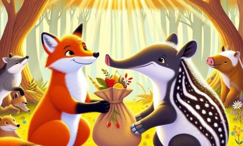 Illustration d'un renard au pelage roux flamboyant, avec des yeux pétillants de curiosité et un sourire chaleureux, assis sur l'herbe, entouré d'amis, tendant un sac rempli de fruits exotiques à un autre personnage. Un tapir au pelage tacheté de noir et de blanc, avec un long nez flexible, regarde le renard avec des yeux brillants de joie et de surprise, tenant un fruit dans ses pattes avant, prêt à découvrir le contenu du sac. La scène se déroule dans une clairière ensoleillée de la Forêt Enchantée, entourée d'arbres majestueux aux feuilles dorées. Une nappe colorée est étalée sur le sol, remplie de baies, de noix et de miel, tandis qu'une douce brise fait danser les fleurs sauvages. Le renard et le tapir partagent un moment de découverte et d'amitié, illustrant la tolérance et l'ouverture d'esprit. Des rayons de soleil filtrent à travers les branches, créant des ombres douces, tandis que d'autres animaux, comme un blaireau et une pie, observent avec curiosité, ajoutant une touche de vie à cette scène chaleureuse.