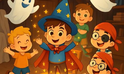 Quatre enfants se trouvent dans un grenier ancien. Lucas, 6 ans, avec des cheveux bruns en bataille, porte une cape rouge et un chapeau de magicien. Maxime, également 6 ans, a des cheveux blonds et est vêtu d'un t-shirt orange. Jules, 6 ans, porte un costume de pirate et des lunettes rondes. Léo, 6 ans, a des cheveux châtains et un t-shirt vert. Ils dansent joyeusement avec des fantômes translucides aux visages souriants, créant une atmosphère magique, tandis qu'une lumière dorée émane d'une malle ouverte, illuminant la pièce remplie de vieux meubles et de jouets anciens.