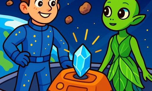 Un homme nommé Tom se tient sur le pont de son vaisseau spatial, affichant un regard déterminé. Il a des cheveux bruns en désordre et porte une combinaison spatiale bleue avec des lumières scintillantes. À ses côtés, une extraterrestre verte, fascinée par les étoiles, observe l'horizon. Le vaisseau est en orbite autour d'une planète bleue, entouré d'astéroïdes brillants. Tom et l'extraterrestre discutent avec enthousiasme de leur rencontre avec des extraterrestres bleus pour mettre fin à la guerre, tandis qu'un cristal mystérieux sur le tableau de bord diffuse des éclats de lumière.