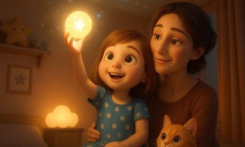Une fillette de 8 ans aux cheveux châtain clair en carré, visage rond et taches de rousseur, yeux brillants et sourire émerveillé tient une petite sphère lumineuse projetant des étoiles vers le plafond; elle porte une robe bleue à fleurs et des chaussettes rayées, assise sur le lit; sa mère d'environ 34 ans, cheveux longs en chignon lâche, peau claire et expression tendre, est assise derrière elle et la serre doucement; le chat orange rayé 