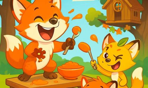 Un renard espiègle nommé Léo, aux poils roux et aux yeux malicieux, rit aux éclats avec des pattes pleines de purée orange, debout sur une table en bois. Sa sœur Lila, avec une feuille dans les cheveux, fait une grimace amusée, prête à lancer une cuillère de purée. Gaspard, le petit frère, est accroupi au sol, riant avec une moustache de purée sur le nez. La scène se déroule dans une clairière ensoleillée, entourée d'arbres, avec une maison en bois dans un chêne. Une grande table est couverte de bols de purée de carottes, tandis que les trois renardeaux se livrent à une bataille de purée, créant une ambiance joyeuse.