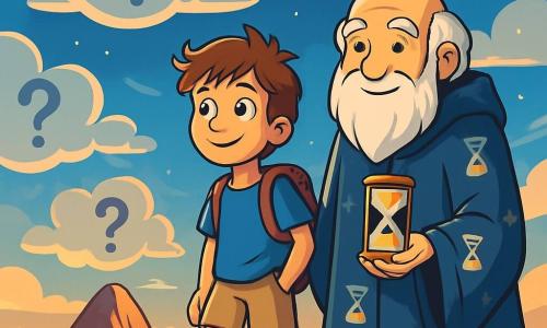 Un garçon de 12 ans, Eliott, aux cheveux châtains en bataille et aux yeux curieux, se tient au sommet d'une montagne, le visage illuminé d'émerveillement et de détermination. Il porte un t-shirt bleu et un short beige, contemplant un paysage fantastique. À ses côtés, un vieil homme à la barbe blanche, vêtu d'une cape constellée de sabliers, sourit avec sagesse, tenant un sablier. Le décor est une montagne majestueuse entourée de nuages et d'étoiles, chaque nuage portant une question en lettres d'argent. Le ciel est bleu profond avec des teintes dorées au coucher du soleil, créant une atmosphère magique. Eliott et le vieil homme discutent des mystères de la vie, tandis qu’un vent léger fait danser les nuages.