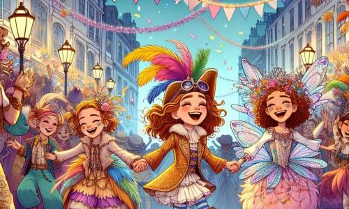 Clara, 12 ans, porte un costume de pirate avec une plume sur son chapeau. À ses côtés, Lila, 11 ans, est déguisée en fée avec des ailes scintillantes, et Zoé, 12 ans, est en lionne avec une crinière en fausse fourrure. Elles dansent main dans la main au carnaval, entourées d'une foule festive avec des décorations colorées et des artistes de rue. Les trois amies s'amusent, profitant de l'énergie et de la magie de l'événement.