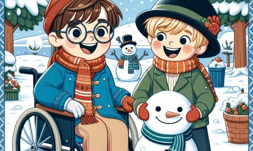 Léo, un garçon de 8 ans en fauteuil roulant, sourit avec ses cheveux bruns et ses lunettes, portant un manteau bleu vif et un bonnet rouge. À ses côtés, Max, 7 ans, aux cheveux blonds et joues roses, est debout en manteau vert et écharpe rayée, riant joyeusement. Ils se trouvent dans une cour d'école enneigée, entourés de flocons de neige tombant doucement. Derrière eux, un bonhomme de neige avec un chapeau noir et une écharpe rouge les observe avec un sourire amical, tandis que le paysage est rempli d'arbres enneigés et d'un sol blanc étincelant. La scène montre Léo et Max construisant un bonhomme de neige, riant et s'amusant dans une atmosphère magique d'hiver.