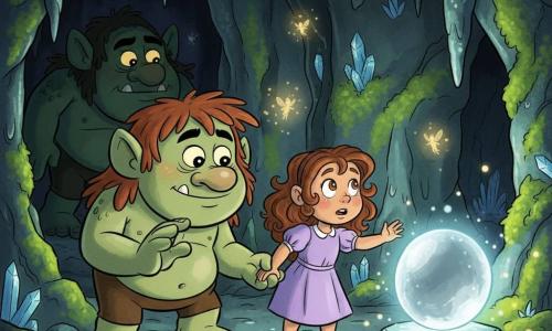 Grum, un grand troll au visage rond et bienveillant, peau pierreuse vert doux et cheveux hirsutes brun-roux, tient la main de Lila, une fillette de 10 ans aux boucles châtain et robe lavande, tandis qu’elle tend la main vers la Pierre de Lune — une grosse gemme argent-bleu flottant au‑dessus d’un socle — dans une caverne humide aux parois moussues et cristaux bleus; Grok, un troll plus massif au teint vert foncé, se tient à moitié caché dans l’ombre, frustré, tandis que de petites fées lumineuses et la rivière argentée reflètent la lumière, créant une ambiance magique, sûre et courageuse aux traits arrondis et style cartoon rétro.