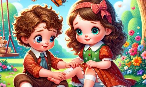 Lila, une petite fille d'un an aux grands yeux brillants et aux cheveux châtains bouclés, est assise dans l'herbe du jardin. Elle sourit doucement, mais une larme coule sur sa joue, indiquant qu'elle s'est fait un bobo au genou. À ses côtés, Max, un garçon de deux ans aux cheveux bouclés, se penche vers elle avec inquiétude, tenant un bandage coloré. Le jardin est rempli de fleurs colorées, de papillons et d'un grand arbre. On aperçoit une balançoire et une balle rouge près d'un buisson. Max aide Lila avec douceur, illustrant un moment précieux d'amitié et de soutien.
