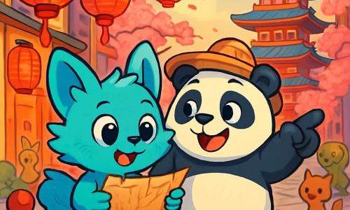 Mizu, un petit animal à fourrure bleutée aux grands yeux curieux, se tient au bord d'un pont rouge avec un sourire émerveillé. Il tient une carte ancienne dans ses pattes, fasciné par le paysage. À ses côtés, Kuma, un panda trapu avec un chapeau de paille, montre un temple coloré au loin avec une expression joyeuse. Ils se trouvent dans un quartier animé de Tokyo, où des lanternes flottent et illuminent les ruelles pavées et les cerisiers en fleurs. La scène est vivante, avec diverses créatures autour d'eux, tandis qu'ils sont prêts à explorer la beauté de la ville.