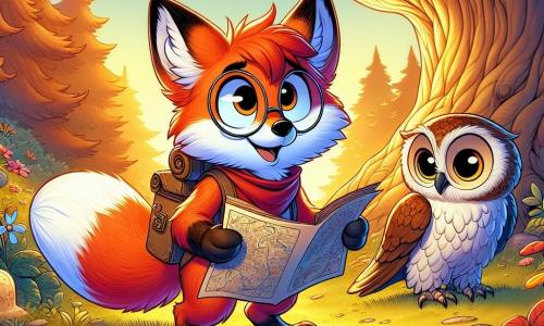 Un jeune renard au pelage roux éclatant, avec de grands yeux curieux et un sourire malicieux, se tient au centre de la clairière, tenant une carte ancienne. À ses côtés, un hibou aux plumes brunes et blanches, avec de grandes lunettes rondes, observe attentivement la carte. La clairière est baignée de lumière dorée, entourée de fleurs colorées et d'un vieux chêne majestueux. Le renard et le hibou sont prêts à s'engager sur un chemin mystérieux vers de nouvelles aventures.