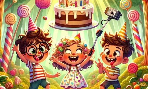 Dans une forêt enchantée, trois amis sont réunis : Lucie, 8 ans, avec des cheveux bouclés et une robe colorée, fait une grimace amusante devant un gâteau flottant ; Max, 9 ans, avec des lunettes rondes et un t-shirt à rayures, rit en prenant une photo avec un vieux selfie stick ; Jules, 7 ans, avec des cheveux courts et un t-shirt à motifs de dinosaures, tire la langue en jonglant maladroitement avec des balles colorées. La forêt est magique, avec des arbres en réglisse et des fleurs en forme de sucettes, baignée de soleil. Au centre, un gâteau en crème chantilly souriant flotte, entouré de guimauves géantes et de bonbons colorés, tandis que les amis s'amusent ensemble.
