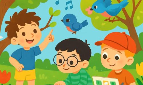 Il y a trois garçons : Léo, 4 ans, avec des cheveux bruns en bataille, un t-shirt bleu et un short jaune, qui pointe un bourgeon sur un arbre ; Sami, 4 ans, avec des cheveux noirs, des lunettes rondes, une chemise à rayures vertes et un pantalon beige, qui observe une coccinelle ; et Tom, 4 ans, avec des cheveux blonds, une casquette rouge et un t-shirt orange, assis sur l'herbe avec un carnet et un crayon. Ils se trouvent dans un jardin printanier coloré, avec des arbres en fleurs, des tulipes et un ciel bleu clair. Les garçons collent des gommettes sur leur calendrier d'observation, entourés de fleurs et d'animaux, partageant la magie du printemps.