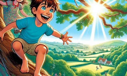 Lucas, un garçon de 12 ans aux cheveux châtains et aux yeux pétillants, grimpe avec enthousiasme sur une grosse branche d'un chêne. Il porte un t-shirt bleu vif et un short beige, son visage rayonnant d'excitation. À côté de lui, sa sœur Emma, 8 ans, avec des cheveux bouclés et une robe à fleurs, l'encourage avec un sourire émerveillé. Ils sont perchés au-dessus d'un paysage verdoyant dans une forêt ensoleillée, où la lumière filtre à travers les feuilles. En arrière-plan, on voit la maison de campagne de Mamie Jeanne, entourée de collines verdoyantes sous un ciel bleu éclatant. Lucas et Emma partagent un moment de complicité, prêts à explorer le monde qui les entoure.