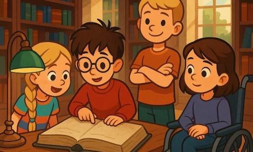 Quatre amis, deux garçons et deux filles, se trouvent dans une bibliothèque ancienne. Lucas, 10 ans, avec des cheveux bruns en bataille et des lunettes rondes, feuillette un grand livre sur une table. À côté, Emma, 9 ans, aux longs cheveux blonds tressés et en robe colorée, admire les pages. Théo, 10 ans, aux cheveux blonds courts, est debout, bras croisés, avec un sourire confiant, tandis que Sofia, 9 ans, aux cheveux châtains et en fauteuil roulant, observe le livre avec curiosité. La bibliothèque est spacieuse, avec de grandes étagères en bois, des lampes anciennes et des tapis moelleux. Des rayons de lumière filtrent par de grandes fenêtres, créant une ambiance chaleureuse. Les amis découvrent un livre ancien sur un trésor caché dans leur ville et sont prêts à résoudre une énigme ensemble pour vivre une nouvelle aventure.