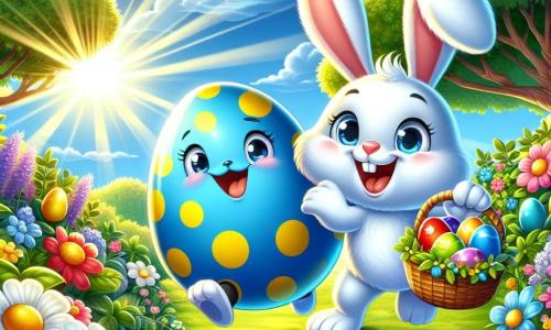 Un petit œuf coloré, bleu avec des pois jaunes, saute de joie dans un jardin ensoleillé, entouré de fleurs éclatantes et de verdure luxuriante. À côté de lui, un lapin de Pâques tout blanc, souriant et tenant un panier rempli d'œufs colorés, montre un œuf rouge caché sous un arbre. Le jardin est parsemé de fleurs multicolores et d'arbres majestueux sous un ciel bleu clair, avec des rayons de soleil créant une ambiance festive. La scène montre le petit œuf et le lapin cachant des œufs colorés pour la chasse aux œufs, remplis de joie et d'excitation, prêts à partager des sourires avec les enfants.