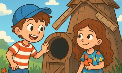 Un garçon de 8 ans, Théo, aux cheveux châtains et aux yeux curieux, se tient devant un vieux moulin en bois. Il porte une casquette bleue, un t-shirt rayé et un short en jean, affichant une grande excitation. À ses côtés, sa meilleure amie Léa, également âgée de 8 ans, a des cheveux longs et bouclés, et porte une robe à fleurs, tenant une pomme. Le moulin, avec ses ailes usées et sa porte légèrement ouverte, est entouré de hautes herbes et de fleurs sauvages, sous un ciel bleu avec des nuages blancs. La lumière du soleil illumine la scène. Théo et Léa enquêtent sur le mystère du moulin, se penchant pour observer à travers une fenêtre ronde, tandis qu'un petit chat blanc se faufile près d'eux, ajoutant une touche de magie à leur aventure.