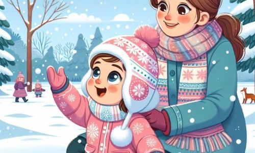 Une petite fille de 1 an, aux grands yeux brillants et joues roses, est assise dans la neige. Elle porte une combinaison rose à motifs de flocons de neige et un bonnet avec des oreilles de lapin, souriant en tendant la main pour attraper un flocon. À côté d'elle, sa maman, une femme d’environ 30 ans avec un chignon et un manteau bleu, la regarde tendrement tout en pointant un écureuil. Le parc hivernal est rempli d'arbres enneigés sous un ciel bleu clair, le sol recouvert de neige scintillante. Léa, émerveillée, rit et essaie d'attraper les flocons pendant que sa maman l'observe avec un sourire.